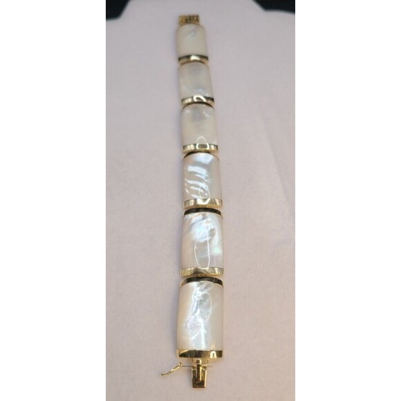 14K Gold Mother Of Pearl Bracelet 7" Long Rectangular Stones - Picture 2 of 8